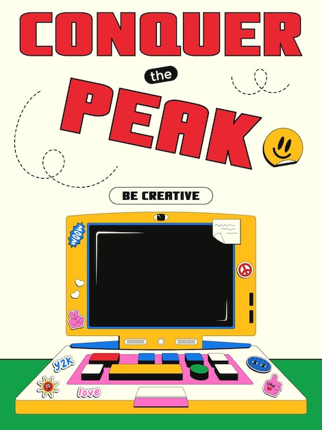 Vector illustration of a teenage laptop with 90s aesthetics pasted over with various stickers