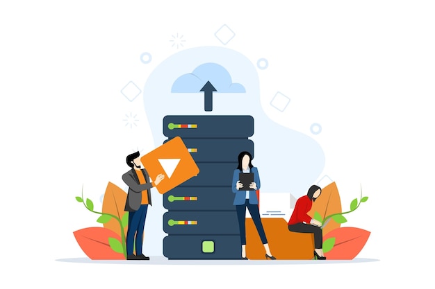 vector illustration of Cloud Storage Concept with people working in cloud sync center