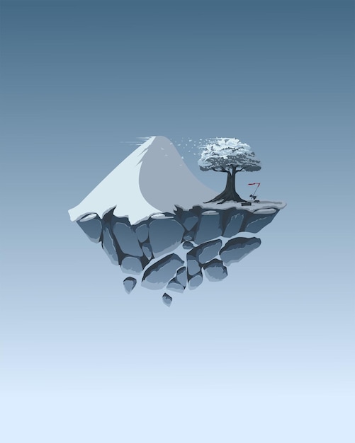 Vector illustration of flying snow mountain with some woods and big tree