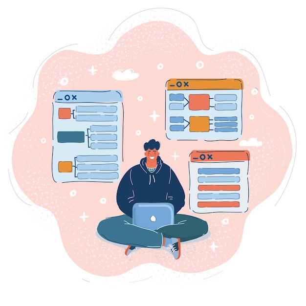 Vector illustration of Man working at laptop Freelancer concept
