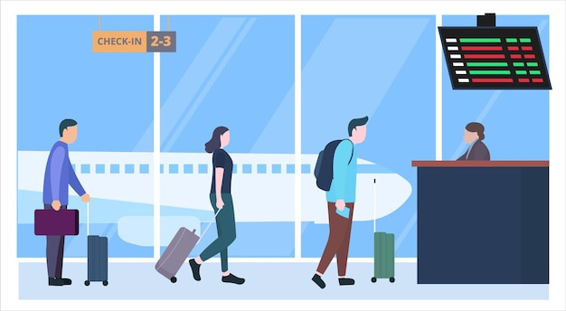 Vector Illustration of people boarding flight in an airport