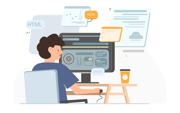 Vector illustration of software developer Cartoon scene an IT specialist writes code in programming languages and creates structure and content of web pages isolated on white background