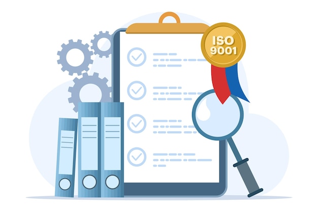 vector illustration of the concept of meeting quality control standards and obtaining iso 9001 certi
