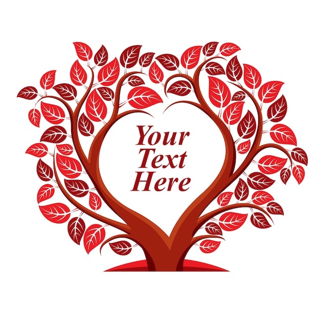 Vector illustration of tree with leaves and branches in the shape of heart with blank copy space. Your text here.
