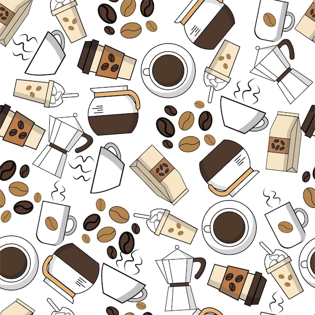 Vector illustration seamless pattern cup, coffee, coffee beans, milk, coffee machine, coffee maker