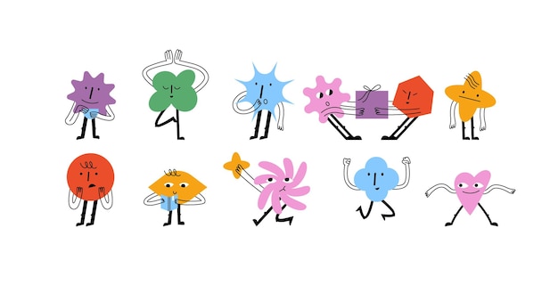 Vector illustration set of cartoon geometric shapes characters Groovy stickers with different emoti