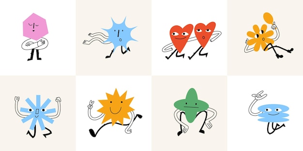 Vector illustration set of cartoon geometric shapes characters n retro style Groovy stickers with different emotions for social media