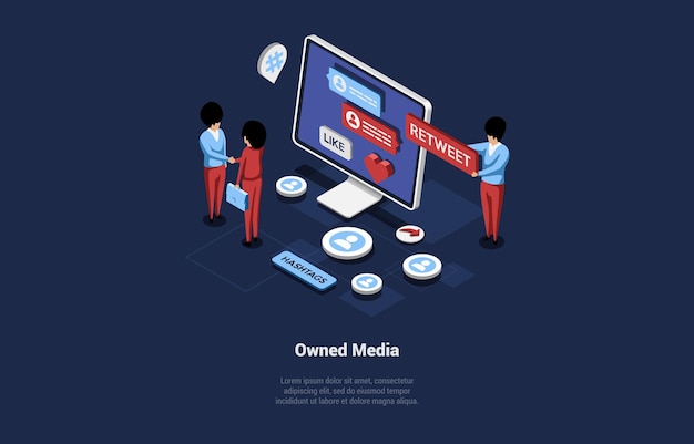 Vector Illustration With Characters, Cartoon 3D Style, Isometric Composition. Owned Media Concept. Mass Advertisement Means, Products Placement And Commercial, Online Business, Internet Promotion