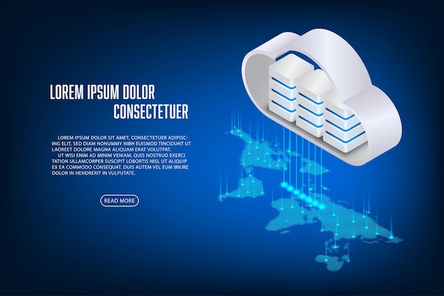 vector isometric cloud storage with world map concept technology abstract background