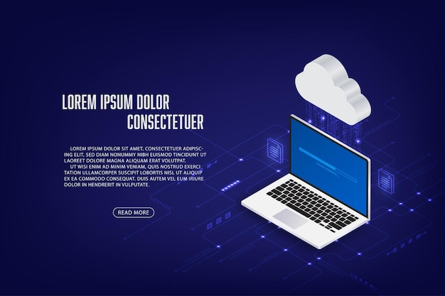 Vector isometric laptop cloud storage concept Technology abstract background