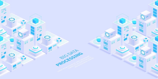 Vector isometric server room Quantum computer Cloud storage data center Web hosting