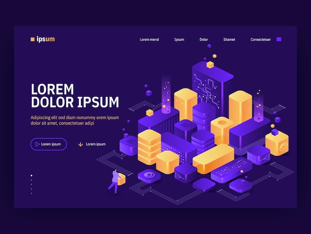 Vector landing page of Isometric Tech concept Engineer or developer builds from blocks computer microchips Data collection phased project work development and research Character illustration