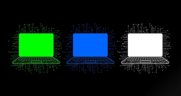 vector laptop set with dots and connections around technology concept digital devices on black