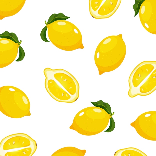 Vector lemon pattern with whole and half lemons with leaves isolated on white background