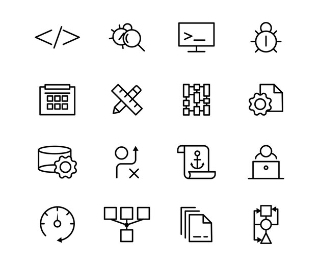Vector line icon set development Business technology web outline symbol
