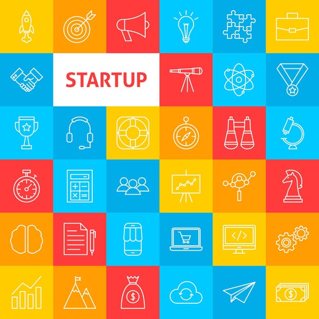 Vector Line Startup Icons. Thin Outline Business Symbols over Colorful Squares.