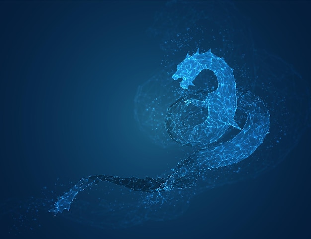 Vector long dragon snake on a deep dark blue background in the style of triangular polygons and glowing crystals