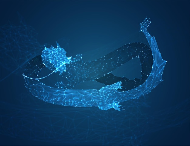 Vector long dragon snake on a deep dark blue background in the style of triangular polygons and glowing crystals
