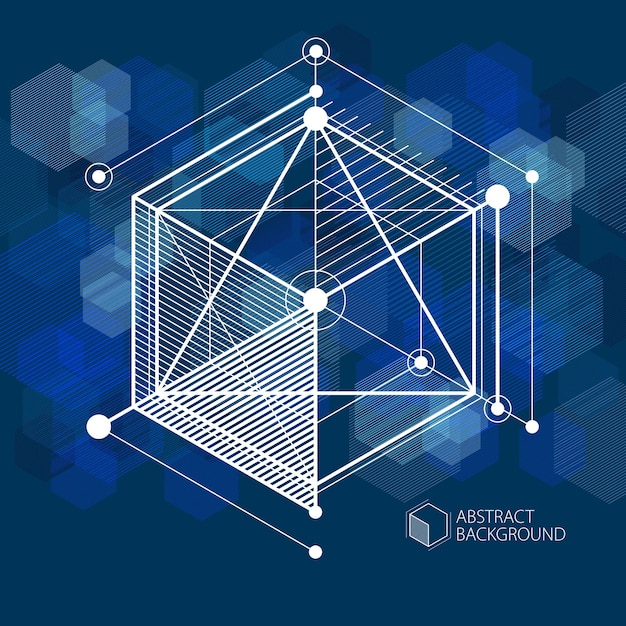 Vector of abstract geometric 3D cube pattern and dark blue background. Layout of cubes, hexagons, squares, rectangles and different abstract elements.