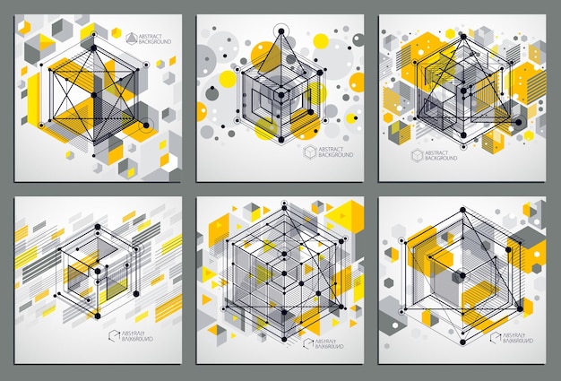 Vector of abstract geometric 3D cube pattern and yellow backgrounds set. Layout of cubes, hexagons, squares, rectangles and different abstract elements.