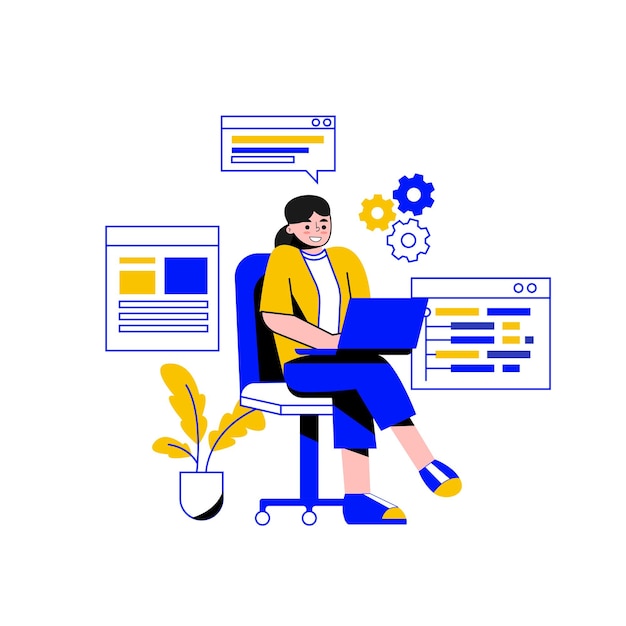Vector of developer woman developing program using laptop while sitting on chair
