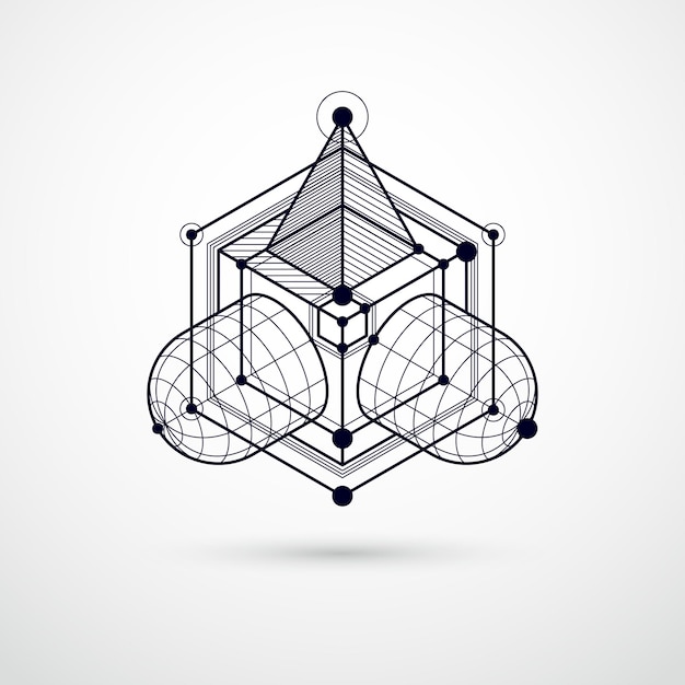 Vector of modern abstract cubic lattice lines black and white background. Layout of cubes, hexagons, squares, rectangles and different abstract elements. Abstract technical 3D background.
