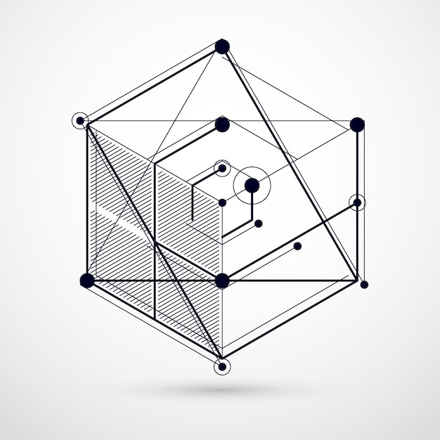 Vector of modern abstract cubic lattice lines black and white background. Layout of cubes, hexagons, squares, rectangles and different abstract elements. Abstract technical 3D background.