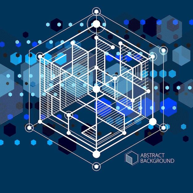 Vector of modern abstract cubic lattice lines blue black background. Layout of cubes, hexagons, squares, rectangles and different abstract elements. Abstract technical 3D background.