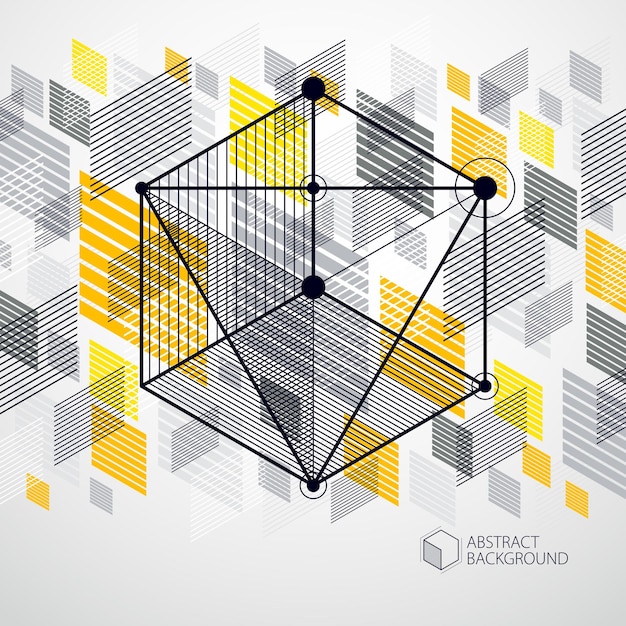 Vector of modern abstract cubic lattice lines yellow background. Layout of cubes, hexagons, squares, rectangles and different abstract elements. Abstract technical 3D background.