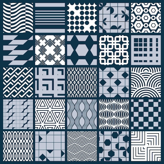 Vector ornamental black and white seamless backdrops set, geometric patterns collection. Ornate textures made in modern simple style.
