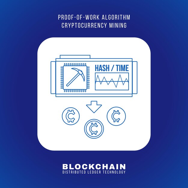 Vector outline design blockchain proof of work algorithm cryptocurrency POW mining principle explain scheme illustration white rounded square icon isolated blue background