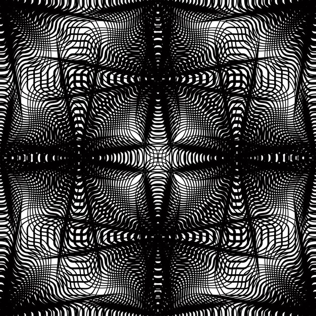 Vector pattern with black graphic lines, kaleidoscope abstract background with overlay ornament. Monochrome illusive seamless backdrop, can be used for graphic design.