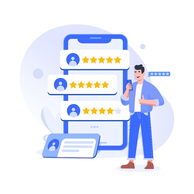 vector people rating with five stars on mobile app