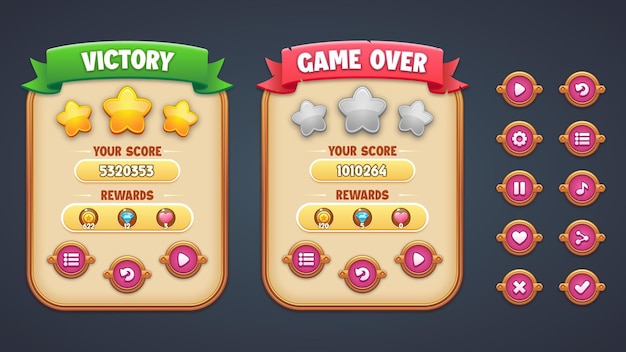 vector pink theme premium game ui kit set of victory and gameover pop up icons and buttons