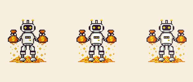 vector pixel icon with a robot holding gold in his hands he stands on gold on a white background