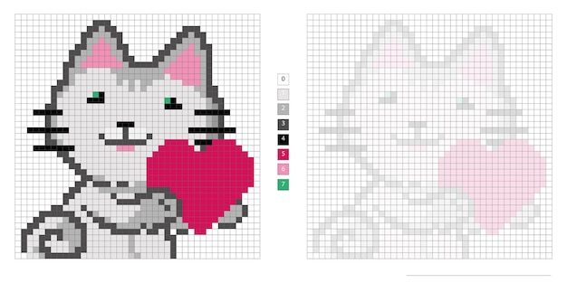 vector pixel illustration cute cat with heart, embroidery, logic coloring, motor skills imagination