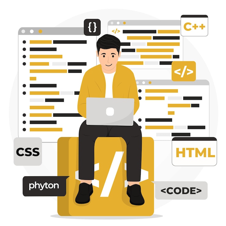 Vektori vector programmer coding for software development concept developer engineer coding with laptop sit