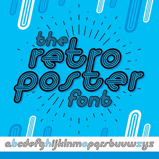 Vector retro lowercase English alphabet letters collection. Cool disco cursive font, script from a to z can be used in poster art. Created using geometric triple stripes.
