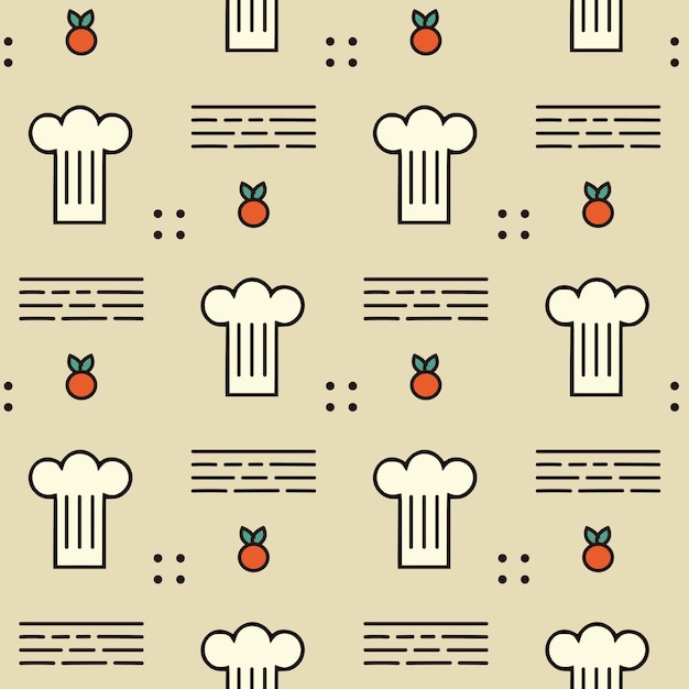 Vector retro seamless beige pattern with chef hatb abstract lines and icons fruit vegetable tomato