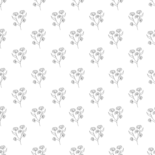 Vector seamles floral pattern black silhouettes Abstract floral botanical vintage background outline black and white meadow plants