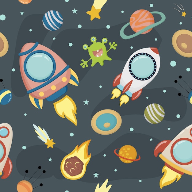 Vector seamless background with the image of rockets and planets, for childish design. EPS 10.