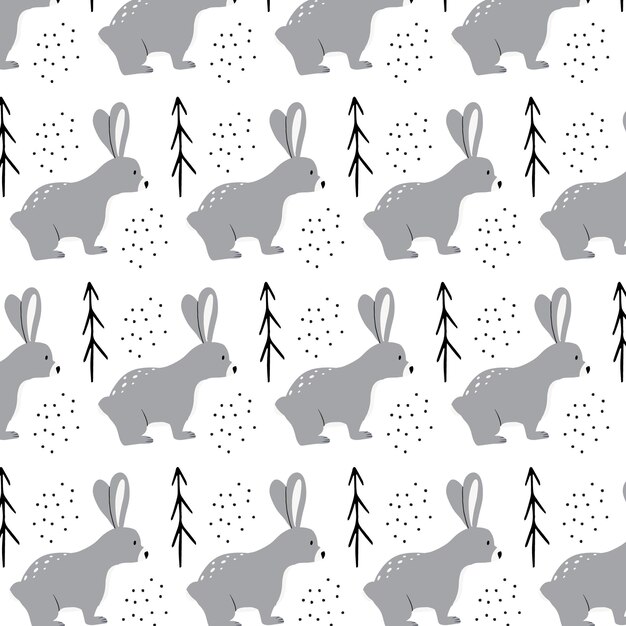 vector seamless pattern with hares childrens handdrawn pattern with hares blue cute hares in the for...
