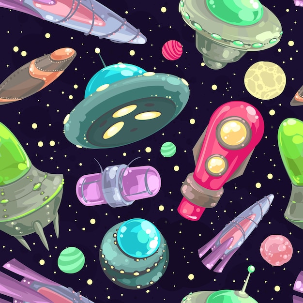 vector seamless pattern with spaceships stars and planets space cartoon background