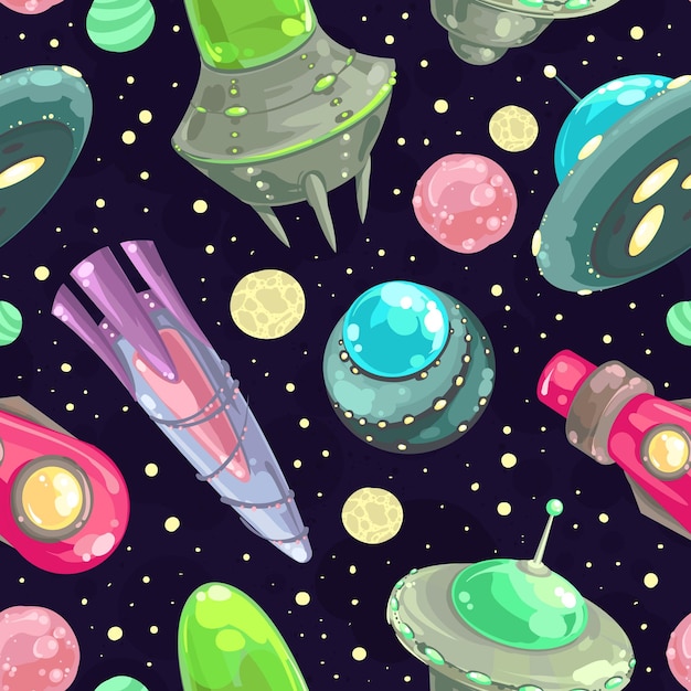 vector seamless pattern with spaceships stars and planets space cartoon background