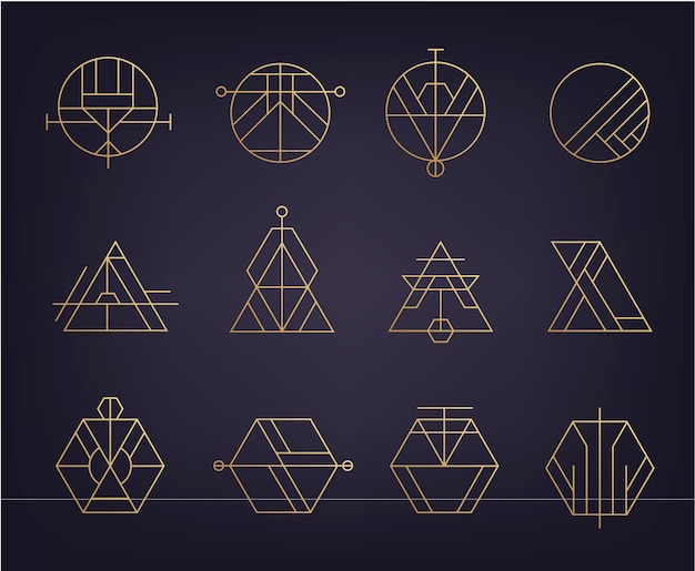 vector set of abstract geometric logos. art deco, hipster, golden line style. circle, triangle, polygon linear shapes. aztec, magic, esoteric icons