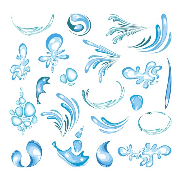Vector set of blue water splashes drops smudges liquids