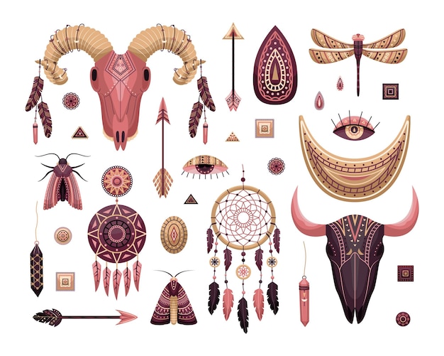 Vector set of boho illustrations. Flat style. Dreamcathers, animal skull, feathers and arrows