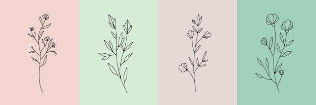 Vector set of botanical illustrations in minimal linear style hand drawn elegant wildflowers