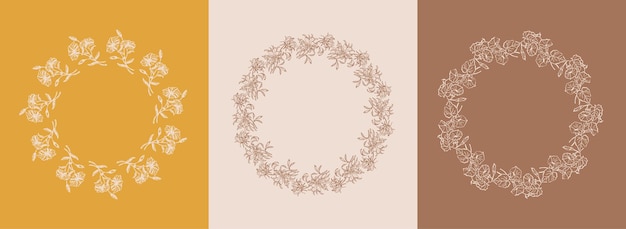 Vector set of design frames and botanical illustrations in simple linear boho style