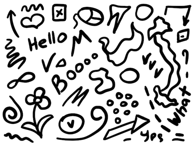 Vector set of different doodles Arrows sparkles lightnings signs and symbols Hand drawn elements
